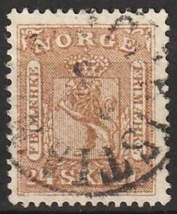 FRIMÆRKER NORGE | 1863 - AFA 10 - 24 sk. brun - Stemplet